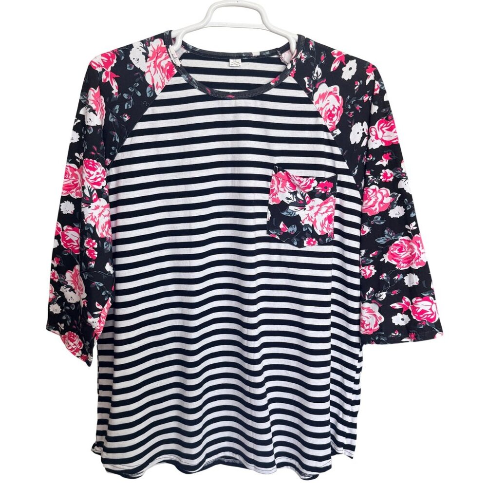 Raglan Top Womens XXL Black/White Floral Striped 3/4 Sleeve Pocket